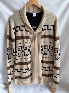Mens Large Sweater Big Lebowski Style Look a Like Cardigan Zip Up Knit The Dude